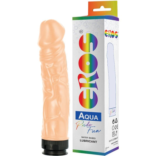 Dildo e lubrificante a base d'acqua Pride Eros Aqua LGBT Pride, in confezione con dildo e lubrificante visibili nell'immagine.