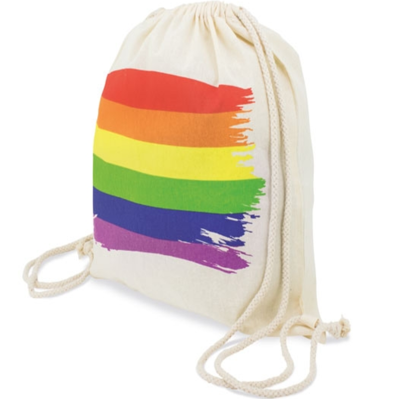 Zaino PRIDE in cotone con bandiera LGBT colorata, resistente, con spallacci regolabili e spazio per libri e oggetti personali.