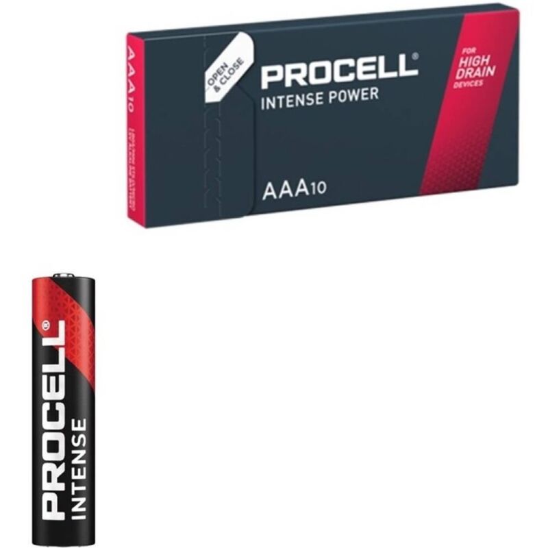 Pile alcaline LR03 AAA Procell Intense Power da 1,5V in confezione da 10, visibile in scatola.