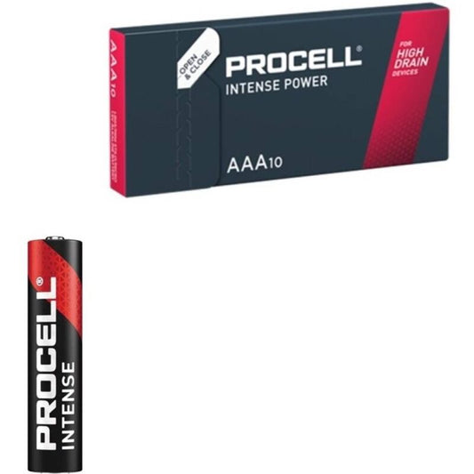 Pile alcaline LR03 AAA Procell Intense Power da 1,5V in confezione da 10, visibile in scatola.