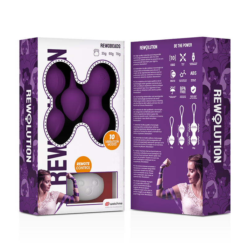 Sfere vibranti REWOBEADS di REWOLUTION con telecomando e tecnologia WatchMe, design moderno e colorato.