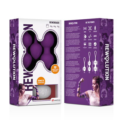 Sfere vibranti REWOBEADS di REWOLUTION con telecomando e tecnologia WatchMe, design moderno e colorato.