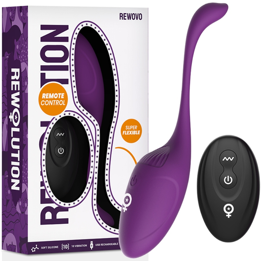 Vibratore a forma di uovo REWOVO di REWOLUTION con telecomando, superficie liscia e compatto, ideale per piacere personale.