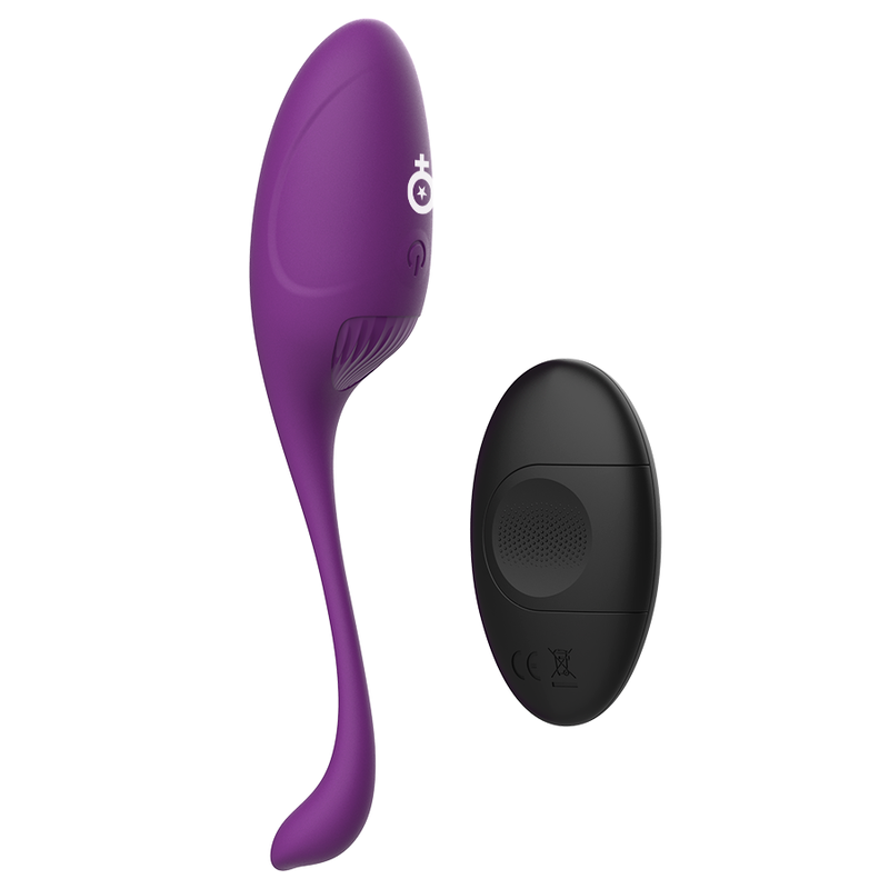 Vibratore a forma di uovo con telecomando REWOVO di REWOLUTION, in silicone nero, con pulsanti di controllo visibili sull'apparecchio