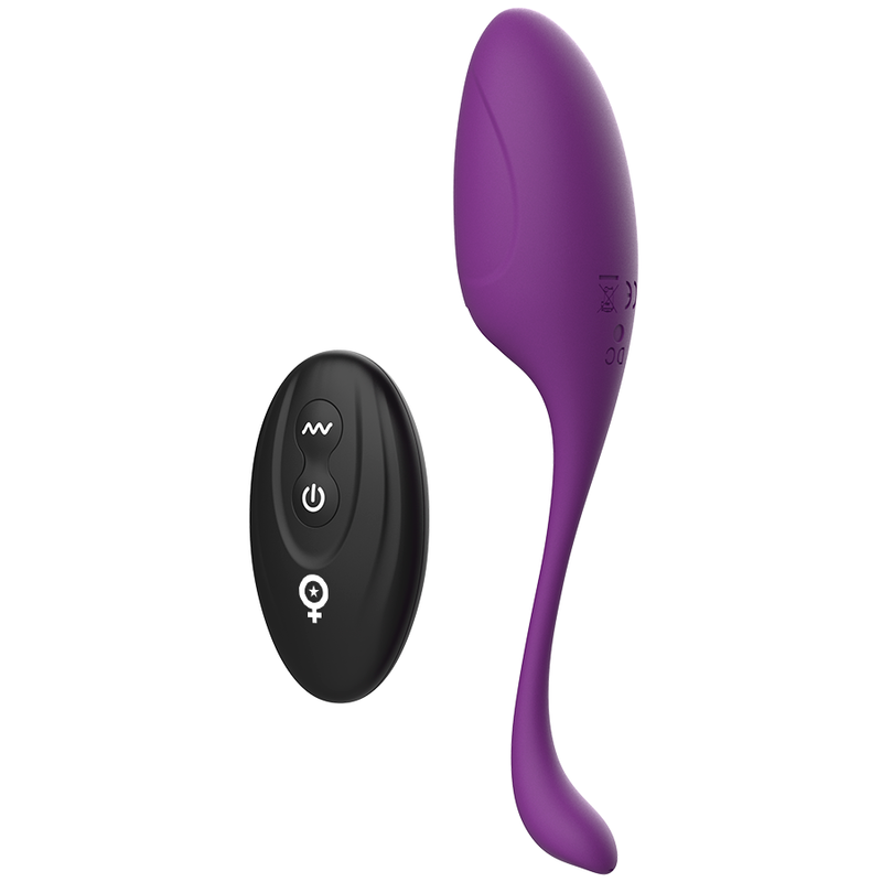 Vibratore a forma di uovo con telecomando della marca REWOLUTION, design elegante e superficie liscia in immagine.