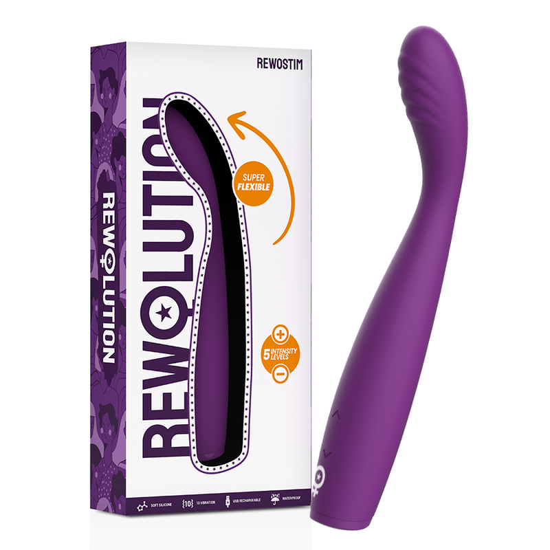 Vibratore flessibile Rewostim di REWOLUTION, con design ergonomico e superficie liscia per stimolazione piacevole e versatile.