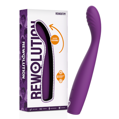 Vibratore flessibile Rewostim di REWOLUTION, con design ergonomico e superficie liscia per stimolazione piacevole e versatile.