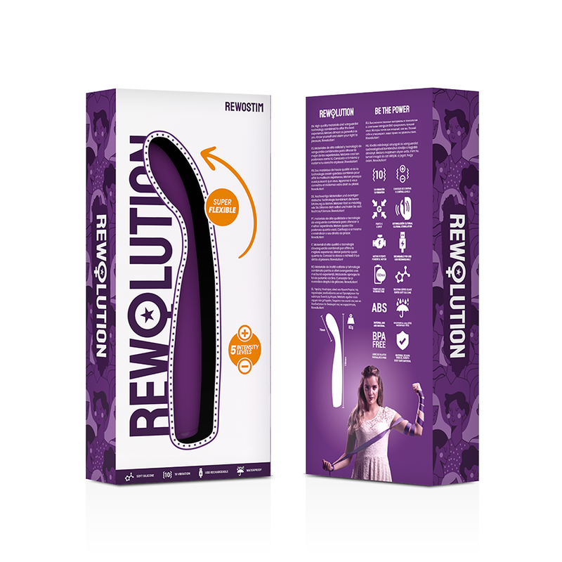 Vibratore flessibile Rewostim della marca Rewolution, con superficie liscia e design ergonomico, visibile in primo piano.