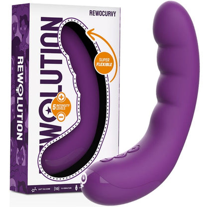 Vibratore flessibile ricaricabile Rewocurvy di REWOLUTION, con design ergonomico e superficie liscia, visibile in immagine.