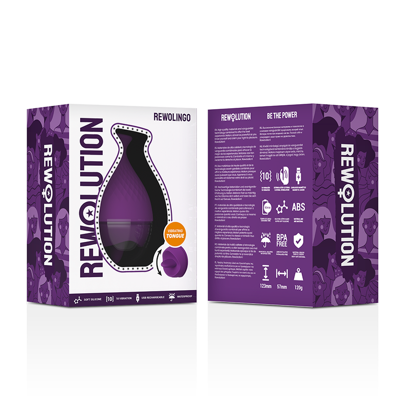 Vibratore Rewolingò di REWOLUTION con lingua, dettagli realistici, design ergonomico e colori vivaci.