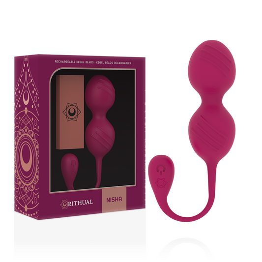 Sfere Kegel vibranti RITHUAL NISHA ricaricabili con design orchidea, in plastica colorata, per esercizi di riabilitazione e benessere.