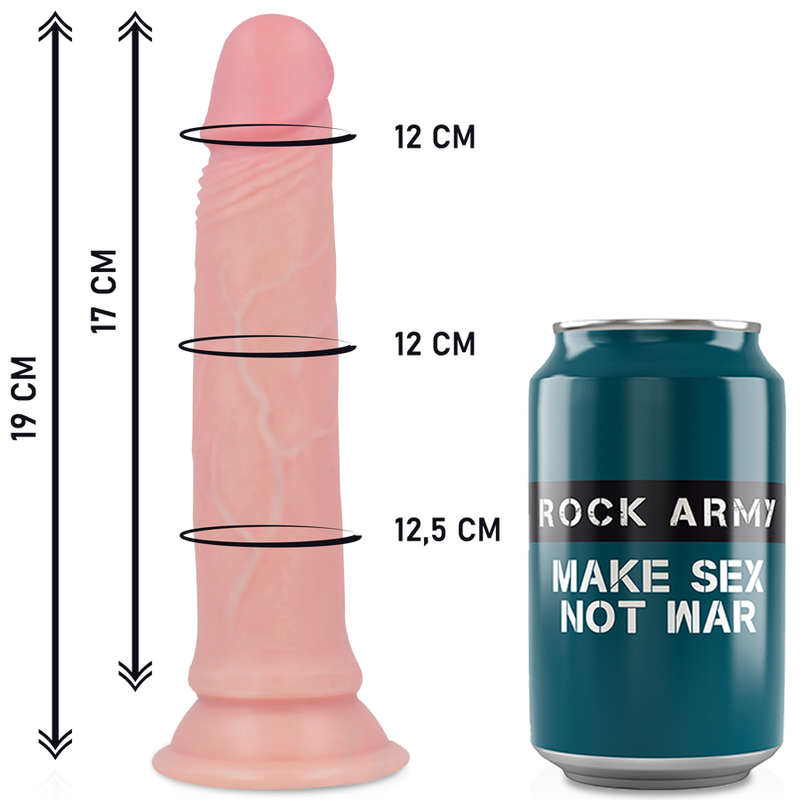 Imbracatura e dildo in silicone liquido premium AVENGER di ROCK ARMY, lungo 19 cm con diametro 3,98 cm, visibili in primo piano.