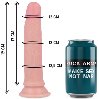 Imbracatura e dildo in silicone liquido premium AVENGER di ROCK ARMY, lungo 19 cm con diametro 3,98 cm, visibili in primo piano.
