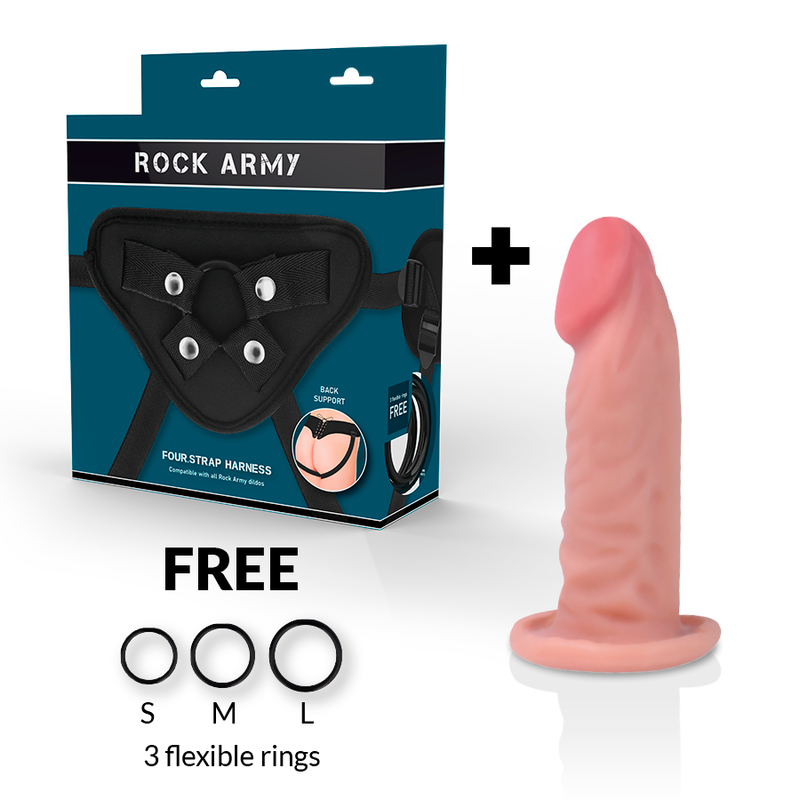 Imbracatura ROCKARMY con dildo realistico a tigre, doppia densità, lunghezza 14 cm e diametro 4,46 cm, per uso intimo.