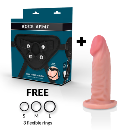 Imbracatura ROCKARMY con dildo realistico a tigre, doppia densità, lunghezza 14 cm e diametro 4,46 cm, per uso intimo.