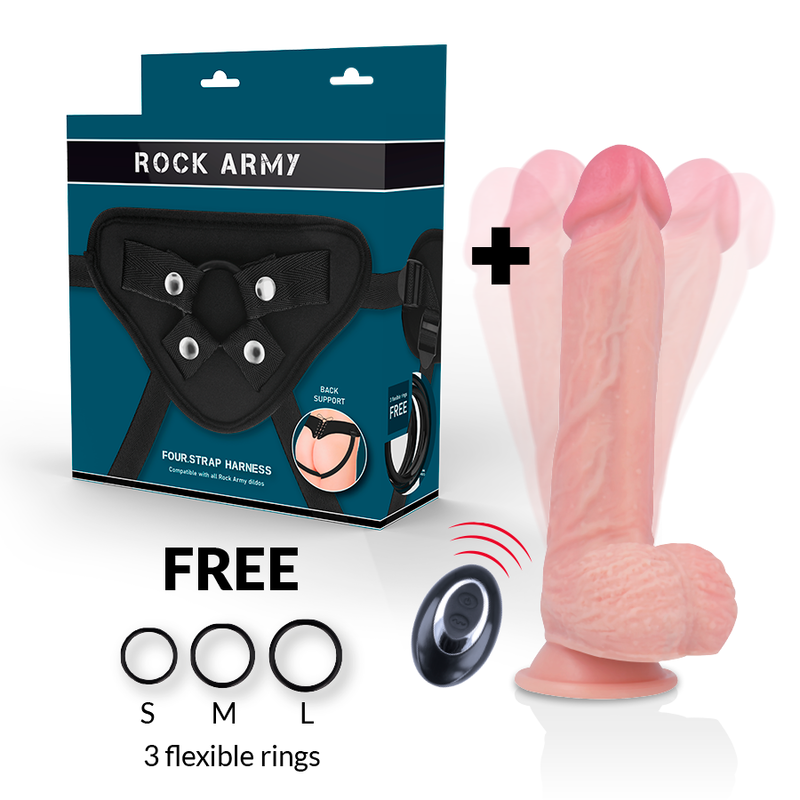 Imbracatura e vibratore in silicone liquido Apache Premium di ROCK ARMY con telecomando, lungo 20,5 cm e diametro 4,62 cm.