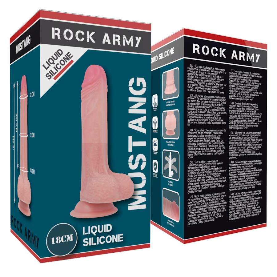 Cavallo in silicone liquido premium ROCK ARMY, modello Mustang realistico, altezza 18 cm, larghezza 4,14 cm, dettagli realistici.