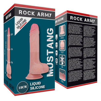 Cavallo in silicone liquido premium ROCK ARMY, modello Mustang realistico, altezza 18 cm, larghezza 4,14 cm, dettagli realistici.