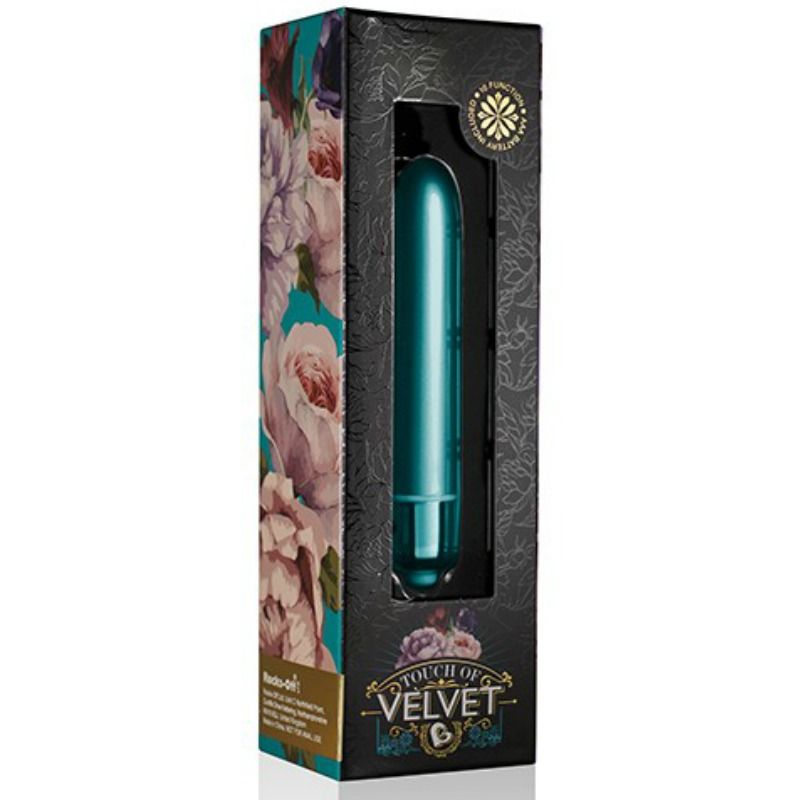 Vibratore ROCKS-OFF Pallotto con petali di pavone in velluto, design elegante e texture morbida per stimolazione sensuale.
