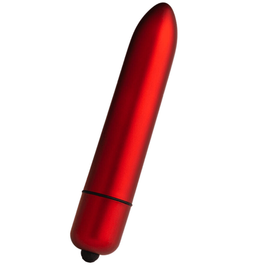 Piccolo vibratore a forma di proiettile rosso ROCKS-OFF RO-160 ROUGE ALLURE con superficie liscia e dettagli eleganti.