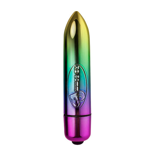 Rosso ROCKS-OFF RO-80MM arcobaleno a 7 velocità, vibratore in silicone con design colorato e versatile.