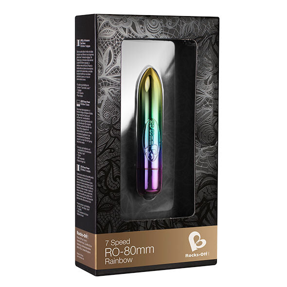 Dildo vibrante ROCKS-OFF RO-80MM Arcobaleno a 7 velocità, superficie liscia e dettagli colorati, per stimolazione intensa