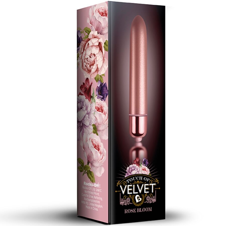 Vibrante Bullet Touch of Velvet Rose Bloom di ROCKS-OFF, vibratore con 10 velocità, design elegante e dettagli in velluto.