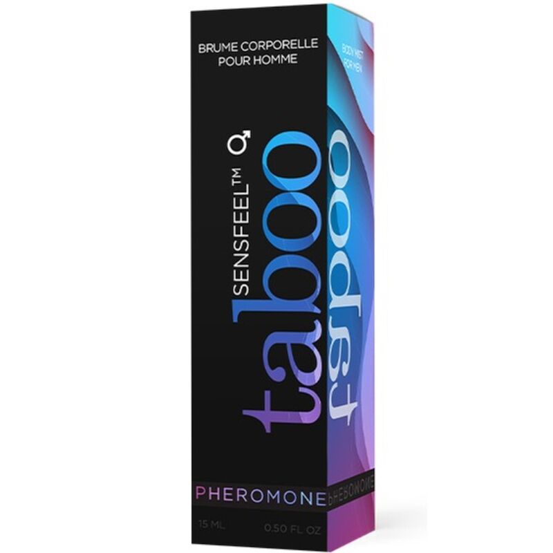 Profumo RUF Taboo Pheromone for Him, bottiglia da 15 ml con etichetta, spray con liquido trasparente e design elegante.