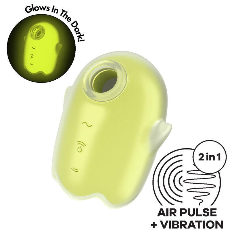 Vibratore Giallo SATISFYER AIR PULSE Ghost Air Pulse, dispositivo di stimolazione con pulsazioni e vibrazioni, vista frontale.