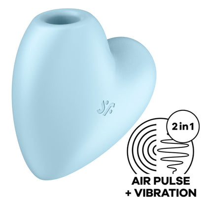 Stimolatore e vibratore a impulsi d'aria SATISFYER CUTIE HEART blu, marca SATISFYER AIR PULSE, con forma a cuore e tecnologia innovativa.