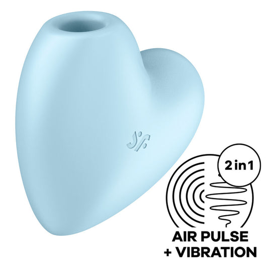 Stimolatore e vibratore a impulsi d'aria SATISFYER CUTIE HEART blu, marca SATISFYER AIR PULSE, con forma a cuore e tecnologia innovativa.