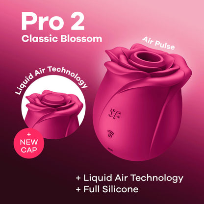 Vibratore SATISFYER AIR PULSE PRO 2 CLASSIC BLOSSOM con design elegante e superfici morbide, visibile in primo piano nell'immagine.