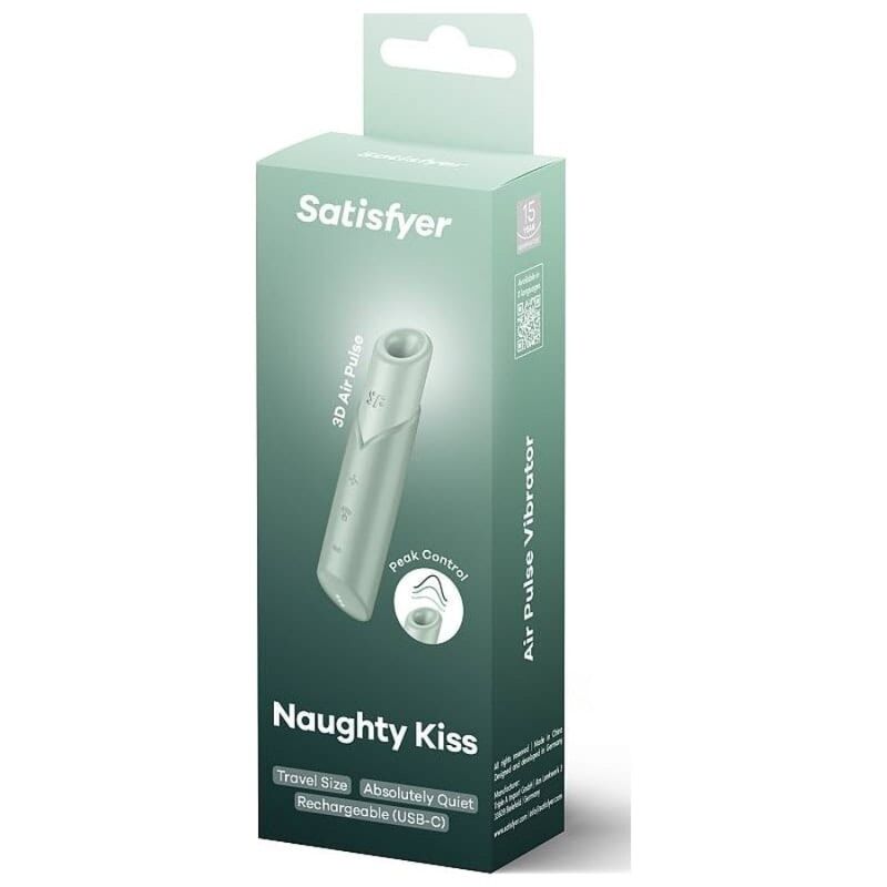 Stimolatore clitorideo SATISFYER Naughty Kiss Wave in colore acquamarina, con tecnologia Air Pulse per piacere intenso.
