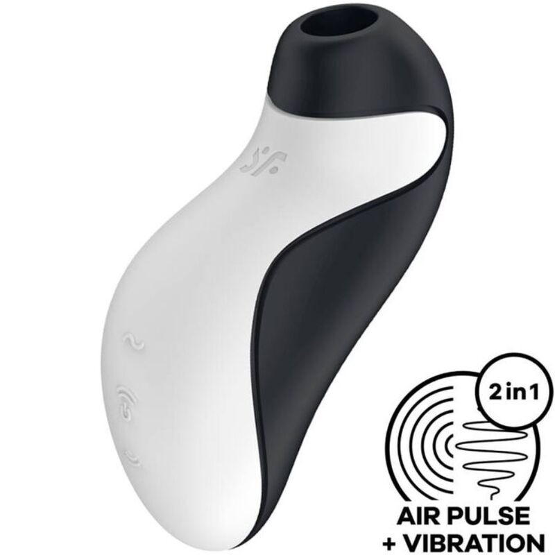 Stimolatore SATISFYER ORCA AIR PULSE con vibrazione, design elegante, dettaglio delle funzioni e pulsanti di controllo.