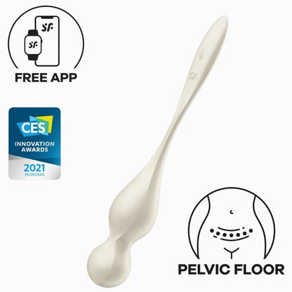 Sfere kegel vibranti SATISFYER LOVE BIRDS, palline bianche per esercizi di piacere e tonificazione pelvica.