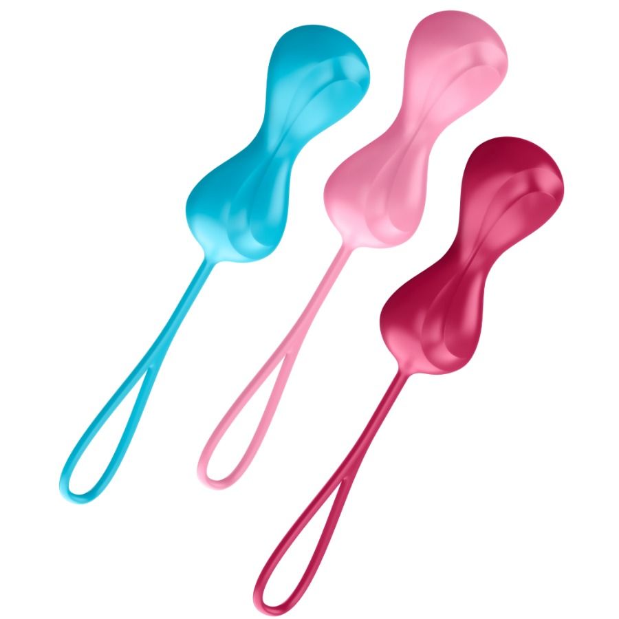 Set di loveballs SATISFYER per allenamento pelvico, con due sfere di diverse dimensioni, in morbido materiale.