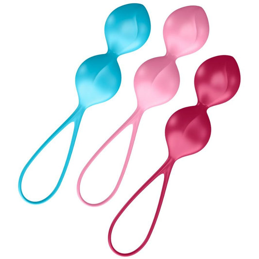 Set di loveballs SATISFYER BALLS per allenamento, due palline in morbido materiale, visibili in primo piano nell'immagine.