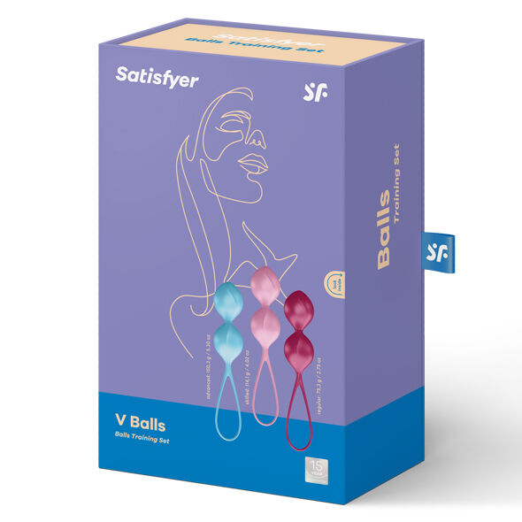 Set di loveballs SATISFYER BALLS per allenamento del pavimento pelvico, con due sfere di diverse dimensioni e materiali.