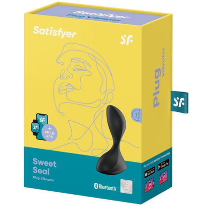 Tappo vibrante Sweet Seal nero di SATISFYER, parte dell'app SATISFYER CONNECT, con design elegante e dettagli in evidenza.