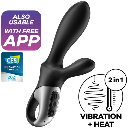 Vibratore anale nero SATISFYER HEAT CLIMAX+ con app SATISFYER CONNECT, controllabile tramite smartphone, dettaglio del prodotto.