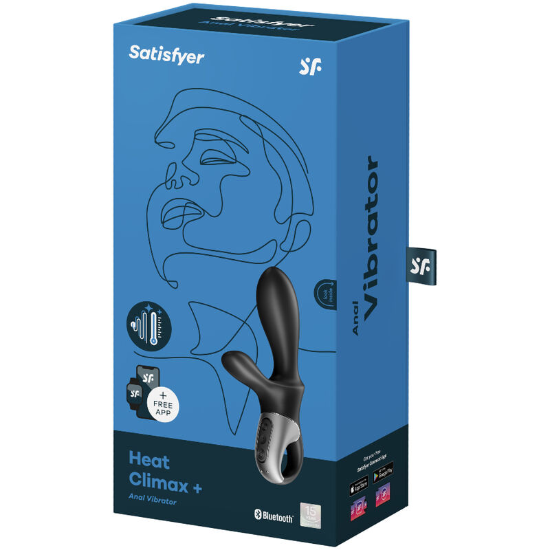 Vibratore anale nero SATISFYER HEAT CLIMAX+ con app SATISFYER CONNECT, design elegante e funzionalità innovative.
