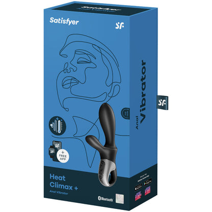 Vibratore anale nero SATISFYER HEAT CLIMAX+ con app SATISFYER CONNECT, design elegante e funzionalità innovative.