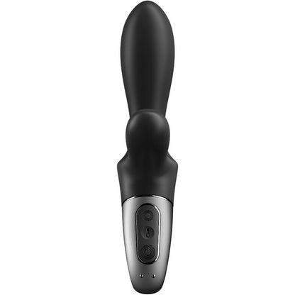 Vibratore anale nero SATISFYER HEAT CLIMAX+ con app SATISFYER CONNECT, controllo remoto e funzioni di riscaldamento.