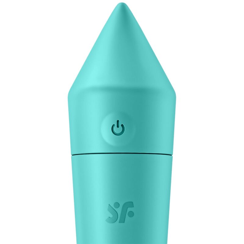 Piccolo stimolatore vibrante SATISFYER ULTRA POWER BULLET 8, colore turchese, con superficie liscia e pulsanti di controllo.