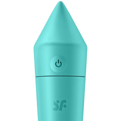 Piccolo stimolatore vibrante SATISFYER ULTRA POWER BULLET 8, colore turchese, con superficie liscia e pulsanti di controllo.