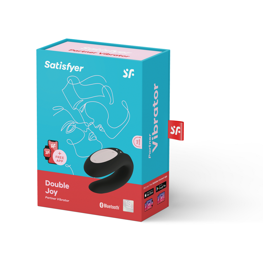 Dispositivo Satisfyer Double Joy Con nero con controllo tramite app Satisfyer Connect, visibile in primo piano.