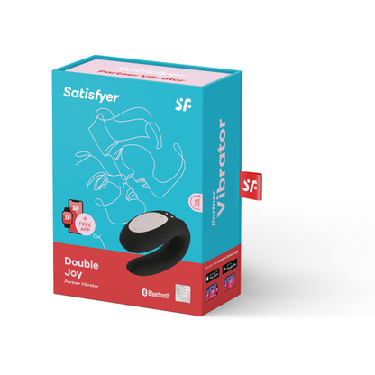 Dispositivo Satisfyer Double Joy Con nero con controllo tramite app Satisfyer Connect, visibile in primo piano.
