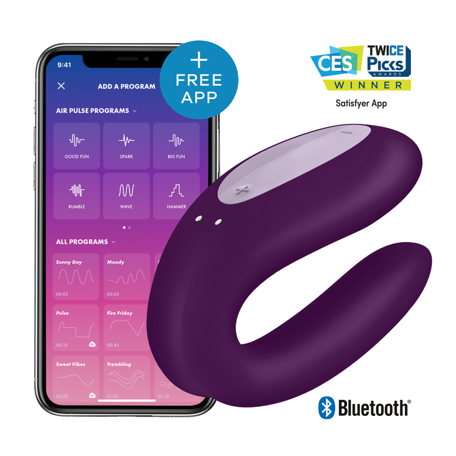 Dispositivo SATISFYER Double Joy Con nero con app SATISFYER CONNECT, controllabile tramite smartphone.