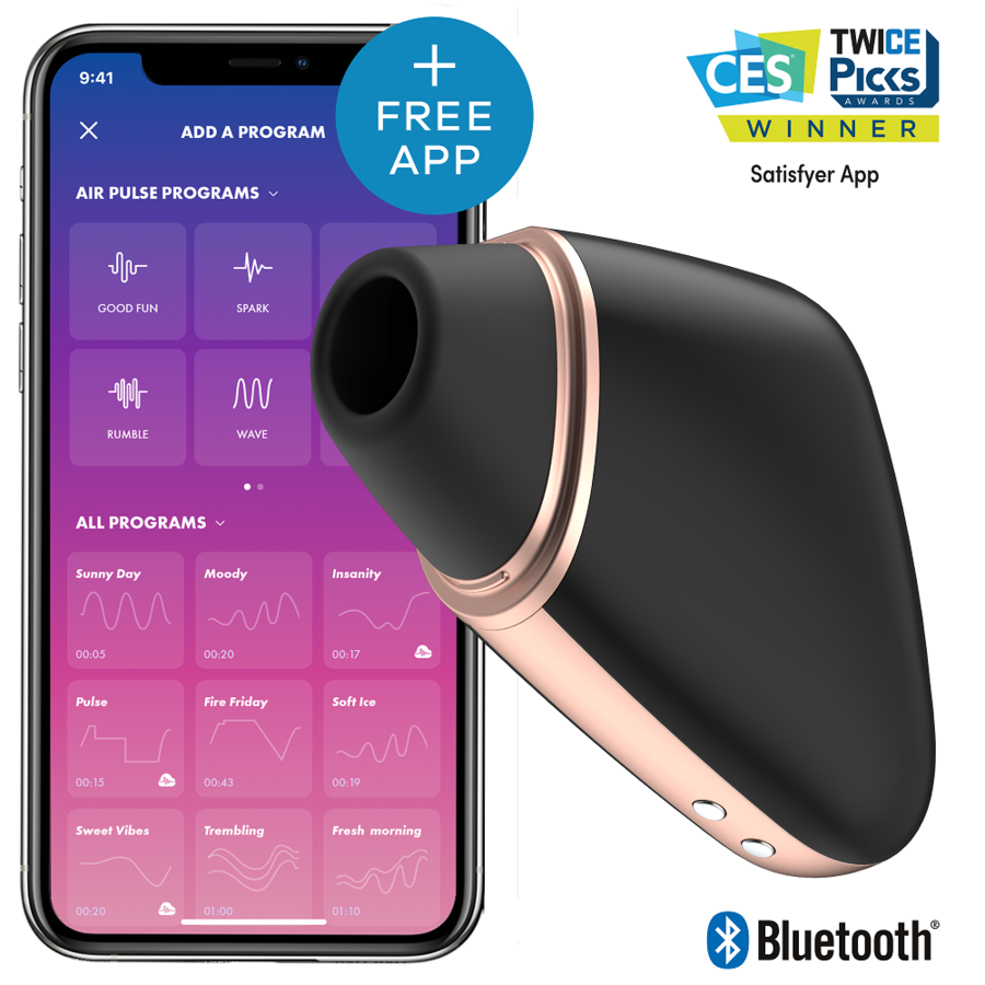 Stimolatore e vibratore Satisfyer Triangle Love nero di Satisfyer Connect, dispositivo in silicone con forma a triangolo.