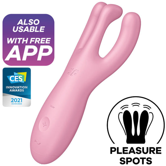 Vibratore rosa SATISFYER APP THREESOME 4 con tecnologia Satisfyer Connect, visibile con dettagli eleganti e design ergonomico